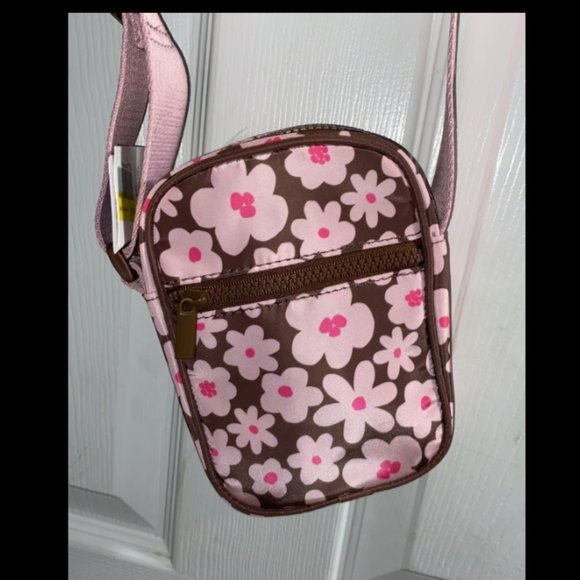 Pink and brown flower print crossbody bag, floral pattern, shoulder bag, purse - Picture 3 of 3